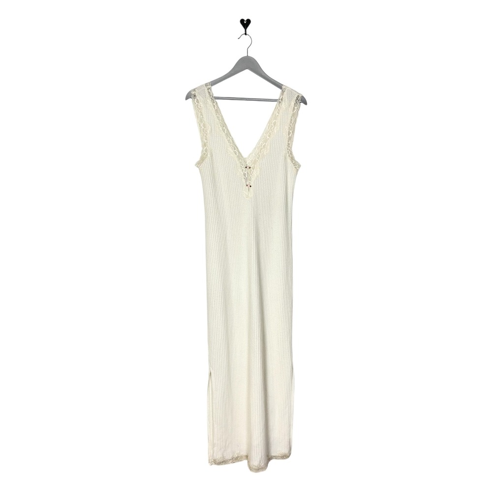 Cream Waffle Knit Lace Trim Rosette Maxi Nightgown Dress size Large